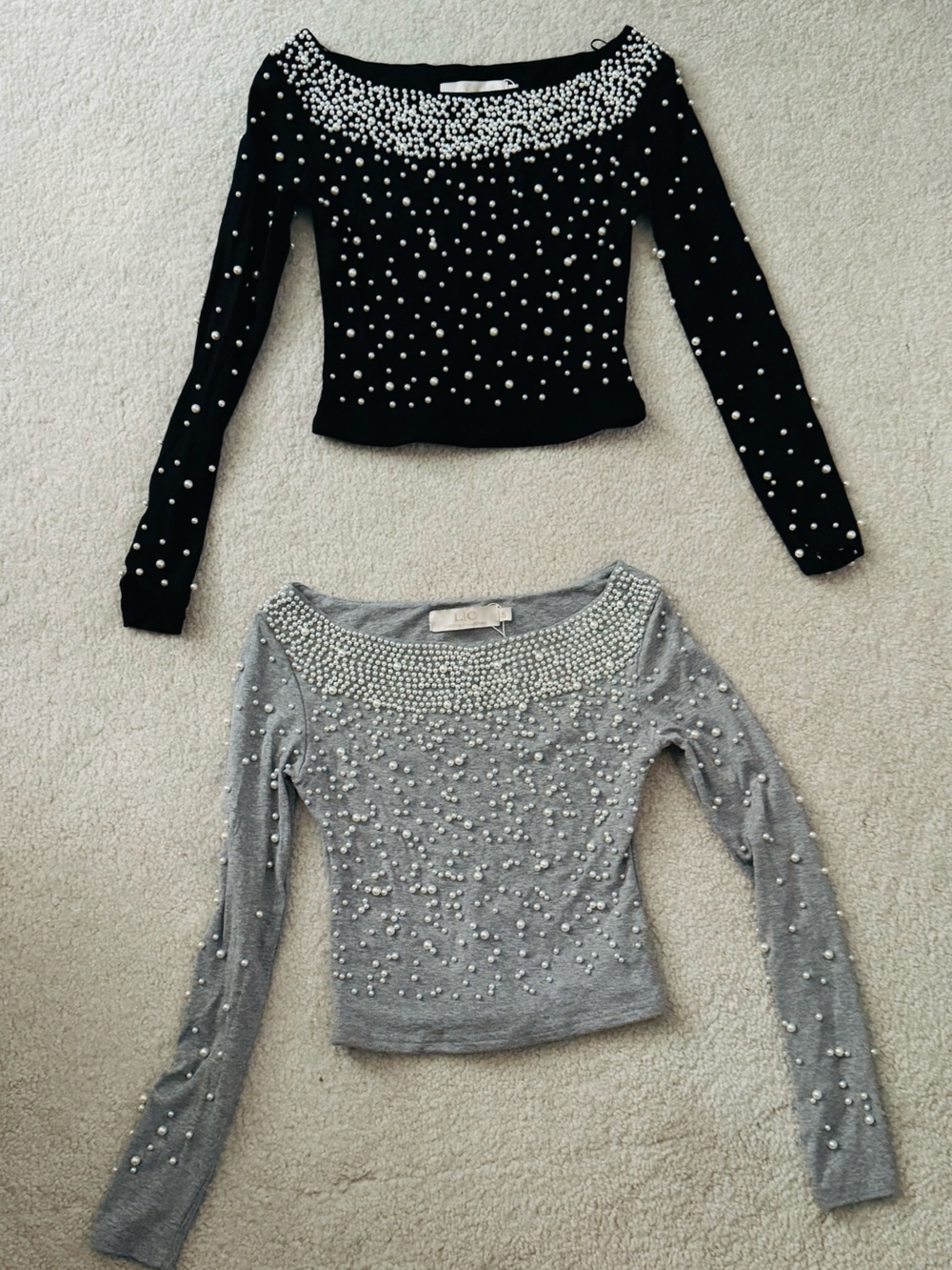 Lizette Collection Pearl Beaded Long Sleeve Knit Sweater Top Black + Grey Bundle